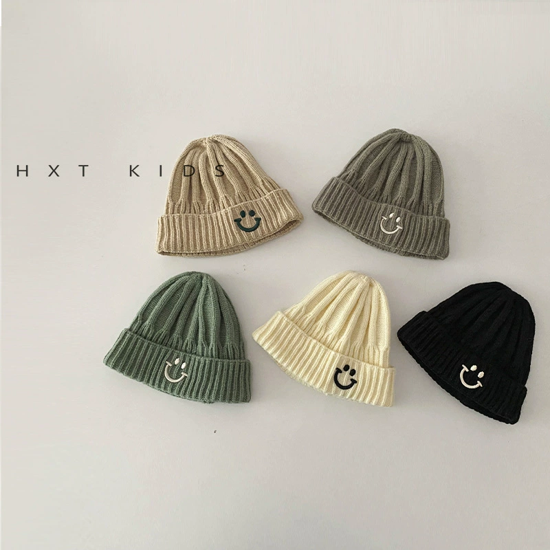Детская шерстяная шапка со смайликом в Южной Корее, простая зимняя вязаная шапка для мальчиков и девочек в Корейском стиле на осень и зиму