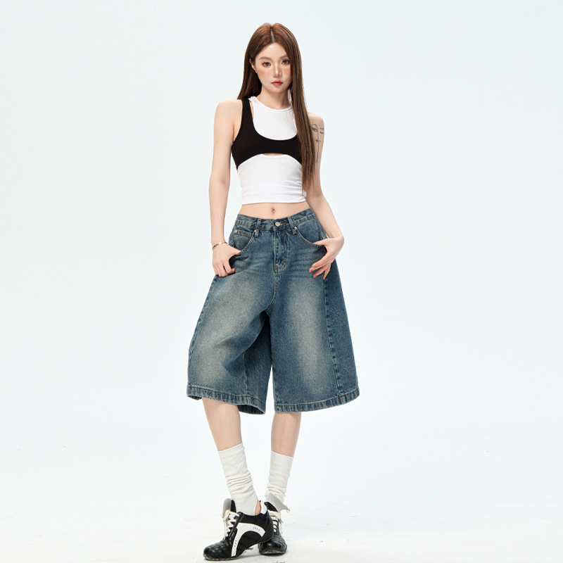 Young Orange# American Style Retro Washed Slack Wide Leg Jeans Women's Loose Slim Look Tall All-match Cropped Trendy Pants