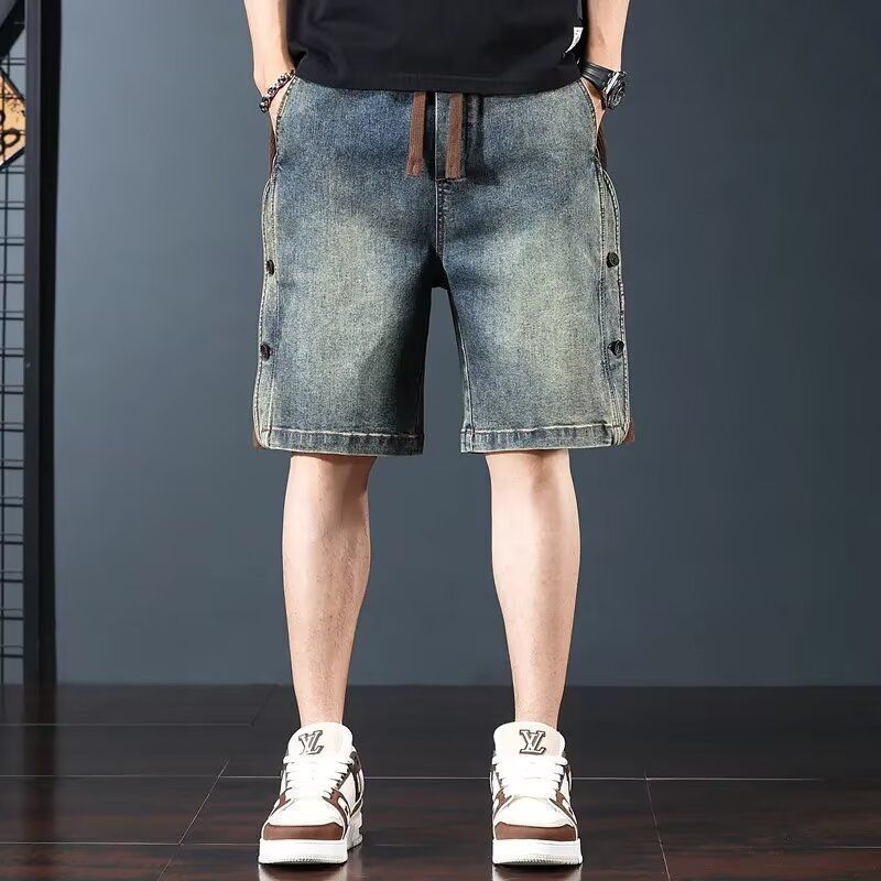 High-End Patchwork Men's Denim Shorts, Summer Loose Casual Elastic Waist Knee-Length Pants, American Retro Style Trendy Shorts High-End Patchwork Men's Denim Shorts, Summer Loose Casual Elastic Waist Knee-Length Pants, American Retro Style Trendy Shorts