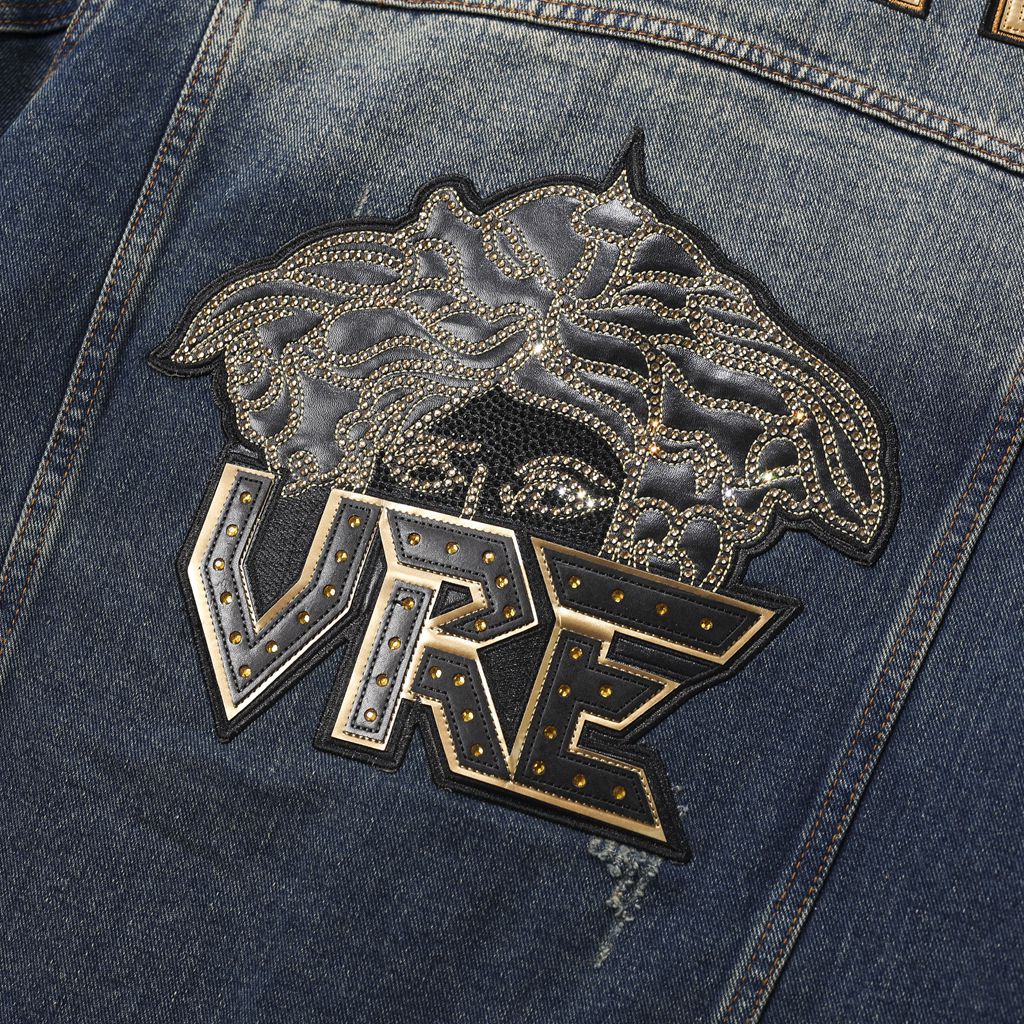 Lyxig denimjacka för män i biker-stil med trendig brodyr_voghion.com