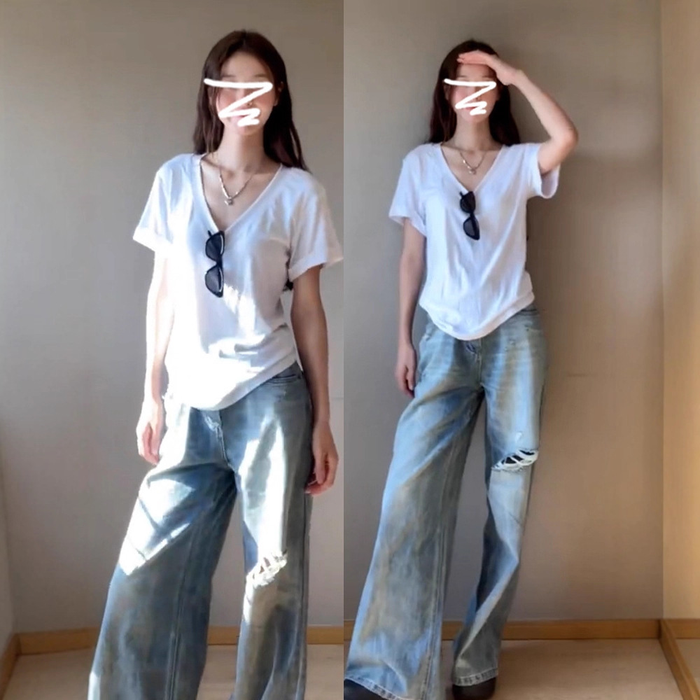 美式辣妹白色V领正肩短袖t恤女2025新款夏季基础款宽松慵懒风上衣