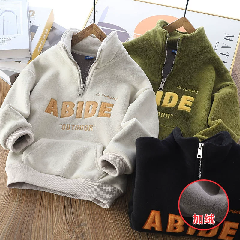Winter windproof base children's warm warm sweatshirt with zipper, children's clothing, with embroidery