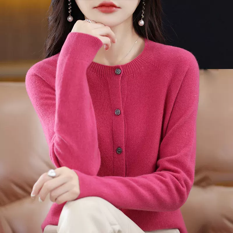 桂花针针织衫开衫女秋冬新款韩版圆领外搭打底衫纯色宽松外套毛衣