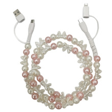 创意新款二拖二珍珠白粉蝴蝶结串珠数据线C-C四合一usb快充彩珠线