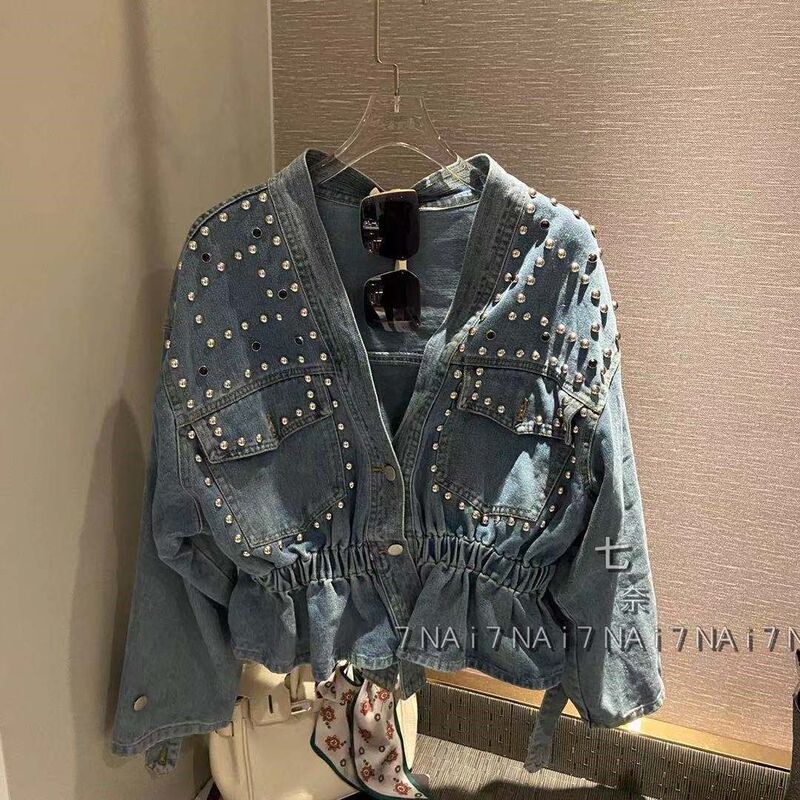 European Design Denim Jacket for Women Autum 2022 New Heavy-Duty Diamond-Encrusted Beaded Loose Slimming Look Long-Sleeved Top