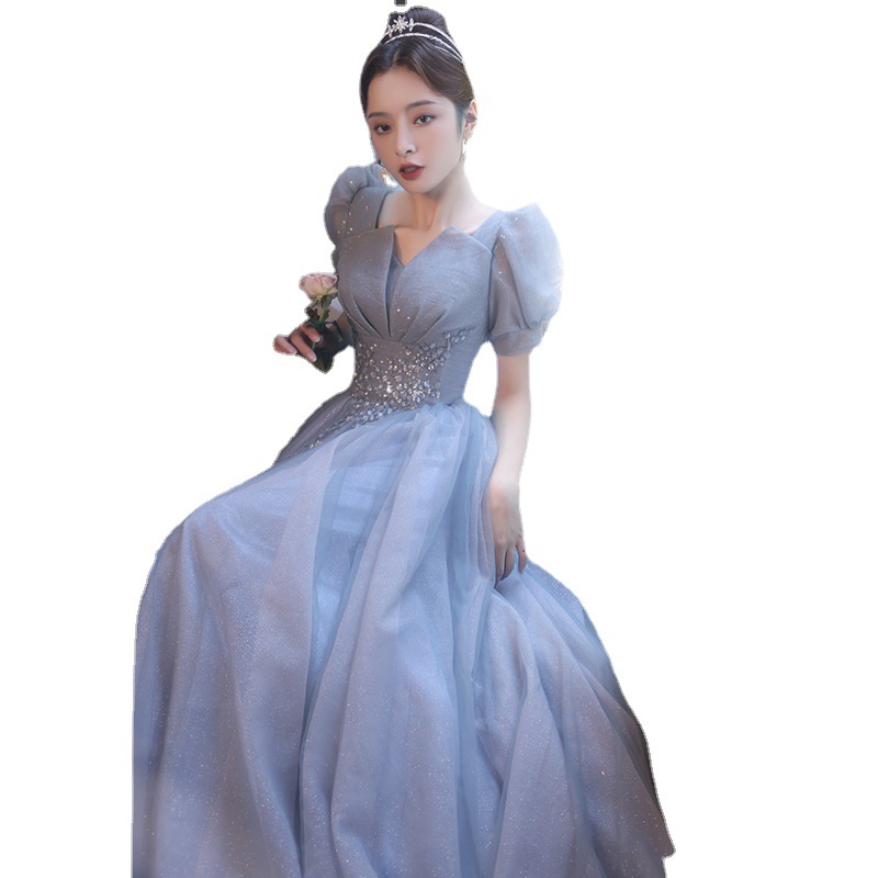 Vestido de noche azul para mujer, nuevo modelo 2026, diseño de calidad para banquetes, actuaciones vocales, exámenes, presentaciones y reuniones anuales, con cuello en V profundo.
