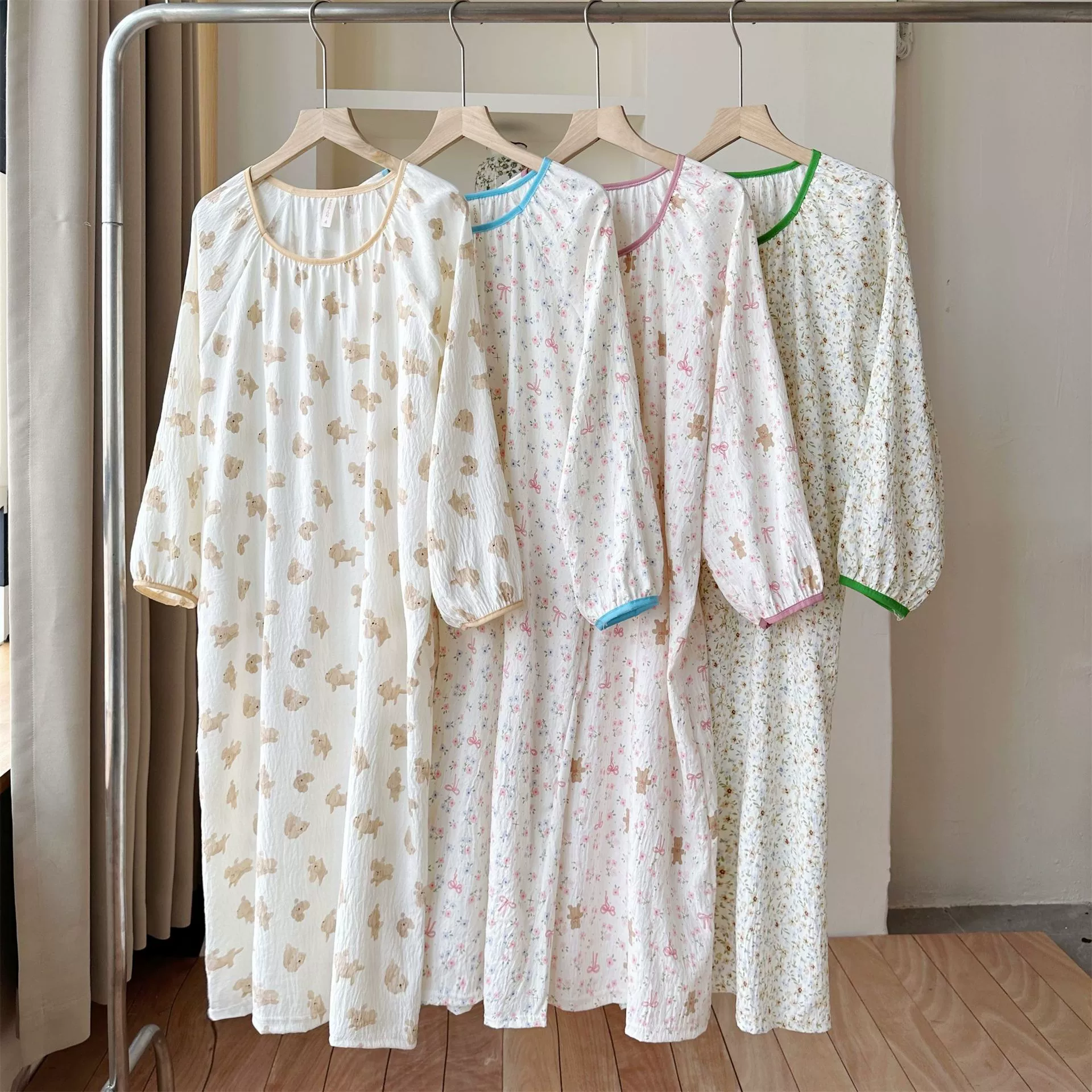 Ночная рубашка для женщин, хлопковая пижама принцессы с длинными рукавами, весенне-летняя тонкая повседневная домашняя одежда средней длины с милым цветочным принтом