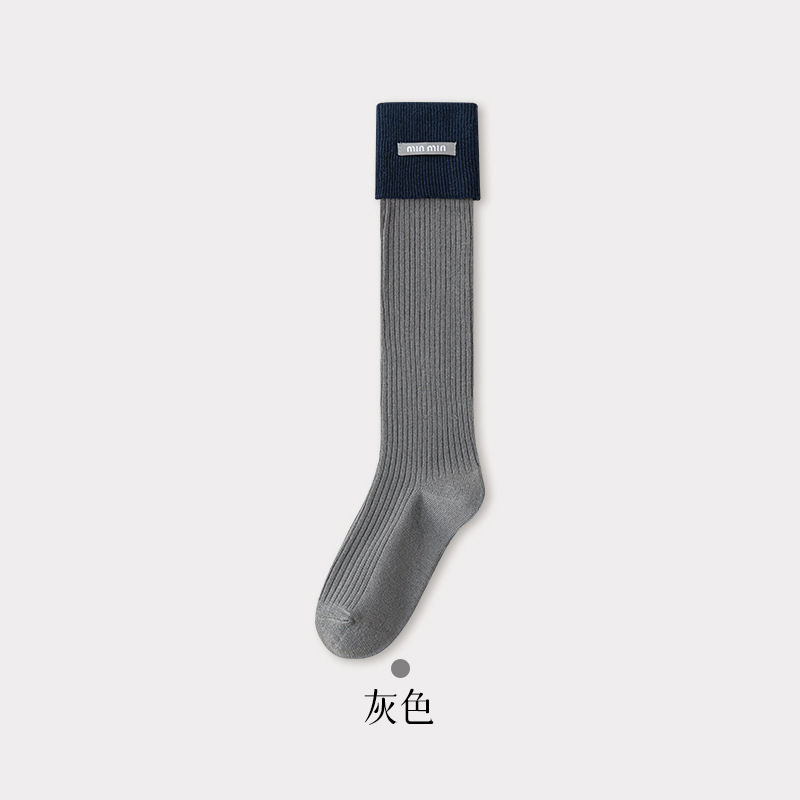撞色小腿袜翻扣miu系布标小腿袜堆堆袜双针配短靴时尚街头ins潮袜|undefined
