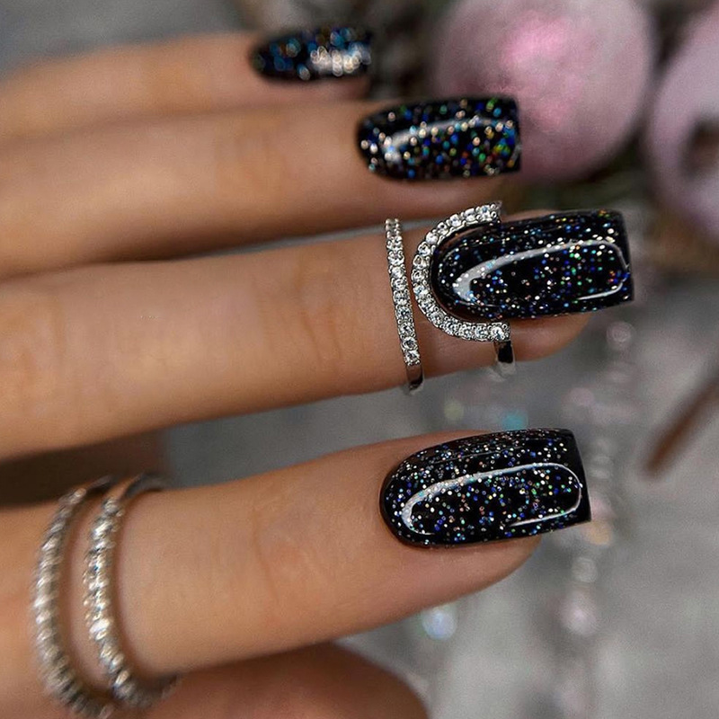 Glittering Pink False Nails With Starry Sky Design Medium Square_voghion.com