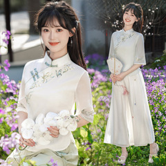 新中式禅意セット 国風綿麻半袖刺繍襟付きスリムフィットレトロ文芸茶服トップスセット