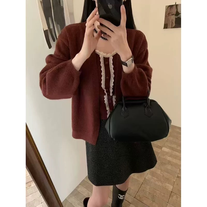 韩系百搭纯色长袖毛衣开衫女秋冬季新款叠穿蕾丝花边针织吊带套装|undefined