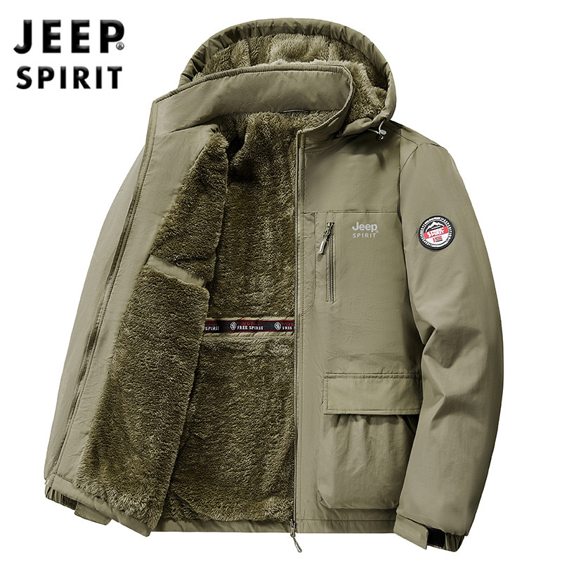 Jeep Casual 2024 Autumn and Winter New Men's Fleece-Lined Hooded Jacket, Warm, Soft, Wrinkle-Resistant, Casual 7912
