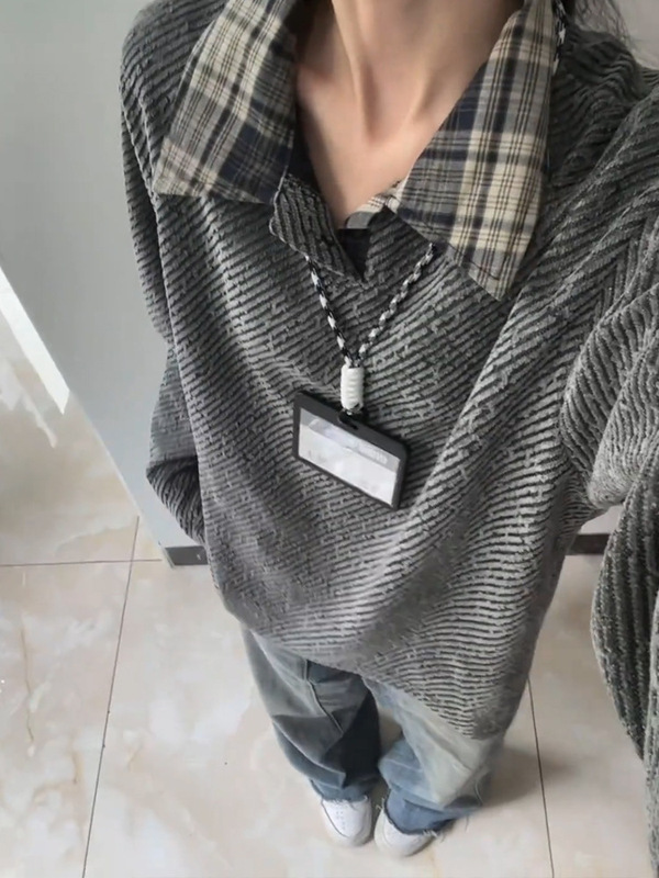 深灰色雪尼尔粗毛呢polo卫衣男秋季美式重磅长袖t恤小香风针织衫|undefined