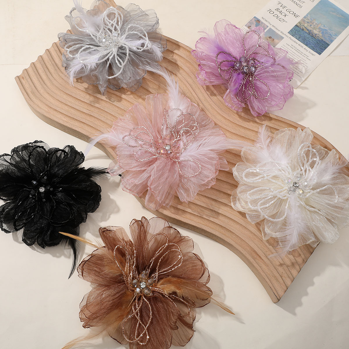 小香風氣質幻彩串珠羽毛網紗花立體花朵輔料DIY頭飾髮飾女配件