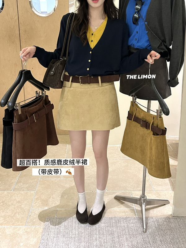 THE LIMON柠檬绿茶秋季简约风复古纯色显瘦短裙半身裙女(配腰带)|undefined