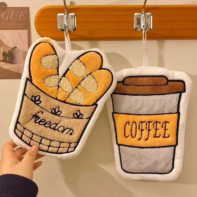 新款跨境卡通咖啡擦手巾加厚珊瑚绒刺绣可爱擦手巾厨房卫生间毛巾