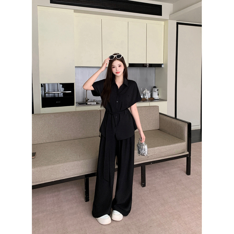 女装2025新款夏季胖mm大码女优雅气质绑带收腰衬衫上衣阔腿裤套装|undefined