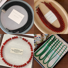 绿色玉髓串珠碧玉天然玛瑙S925银项链复古国风元宝扣锁吊坠骨链