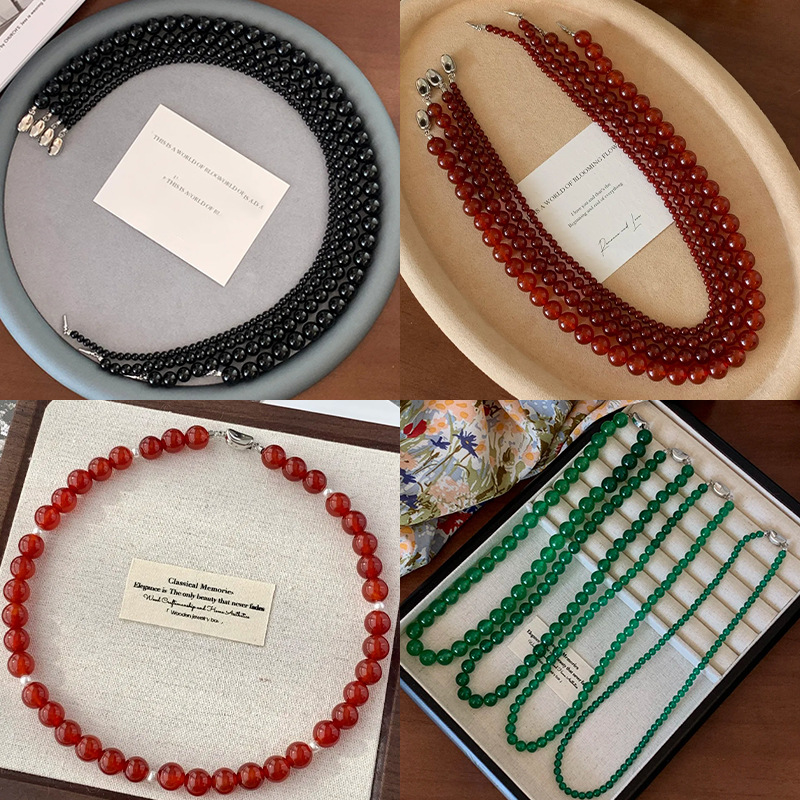 绿色玉髓串珠碧玉天然玛瑙S925银项链复古国风元宝扣锁吊坠骨链