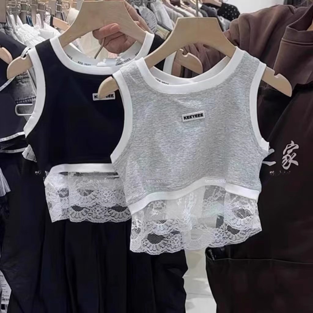 Ropa para niños coreanos 2025 primavera y verano camiseta para niñas costura de moda chaleco de encaje casual tendencia deportiva de estilo occidental para niños