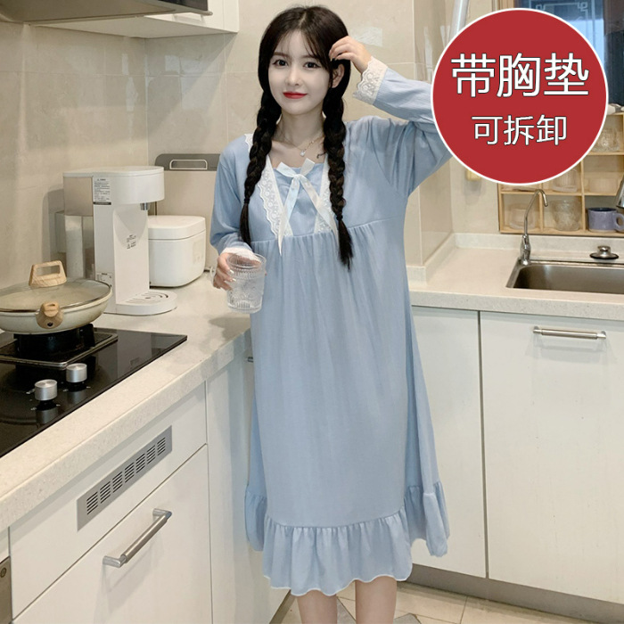 2024 pijama de otoño delgado de manga larga de punto de algodón cojín de pecho pijama encaje dulce de pijama ropa para el hogar