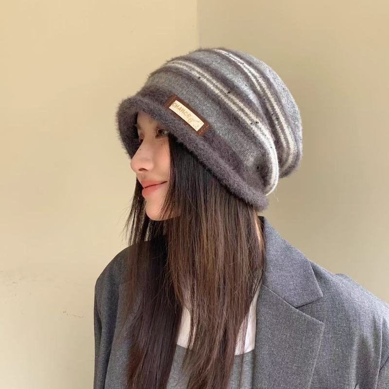秋冬新款堆堆帽冷帽女护耳保暖包头帽子女士时尚条纹针织毛线帽潮|undefined