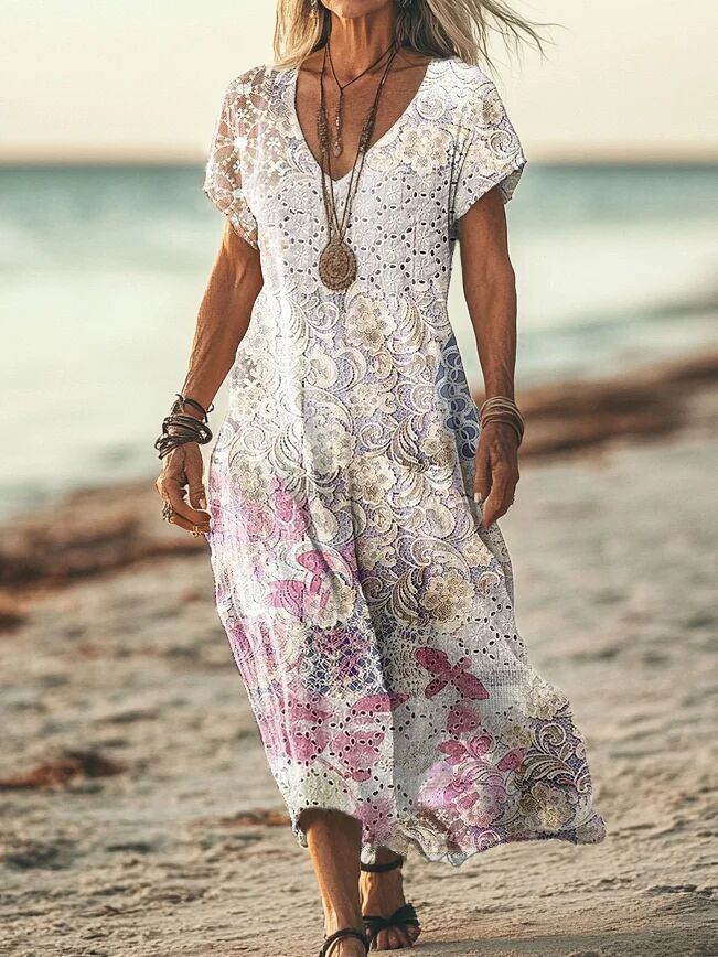 Creative Floral Women's Summer V-Neck Short Sleeve Dress, Midi Dress_ecoleips.com