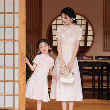 亲子装夏季新款中国风旗袍母女装短袖印花连衣裙中小童女孩旗袍裙