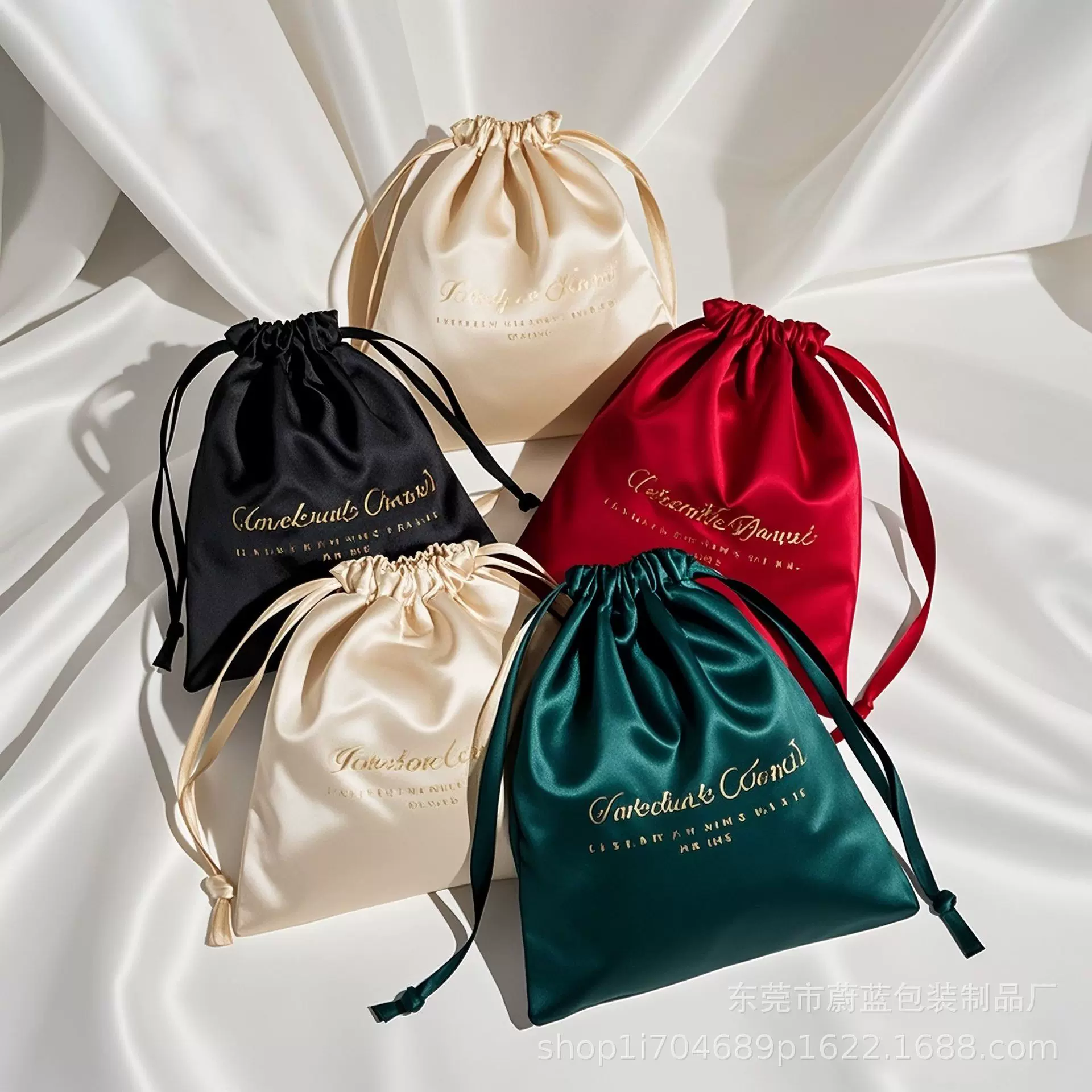 高档色丁束口袋印广告logo 仿真丝抽绳小布袋光滑眼罩丝巾收纳袋