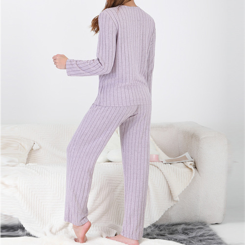 Autumn/Winter Vertical Plush Long-Sleeve V-Neck Top Set with Casual Pants Home Sleepwear Two-Piece Set Leisurely and Comfortable