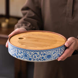 简约质感款天青竹面茶盘圆形陶瓷储水干泡台家用小型功夫茶盘