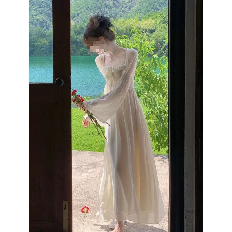 2024春夏新款法式方领仙女裙公主裙显瘦长袖连衣裙超仙长款白裙子