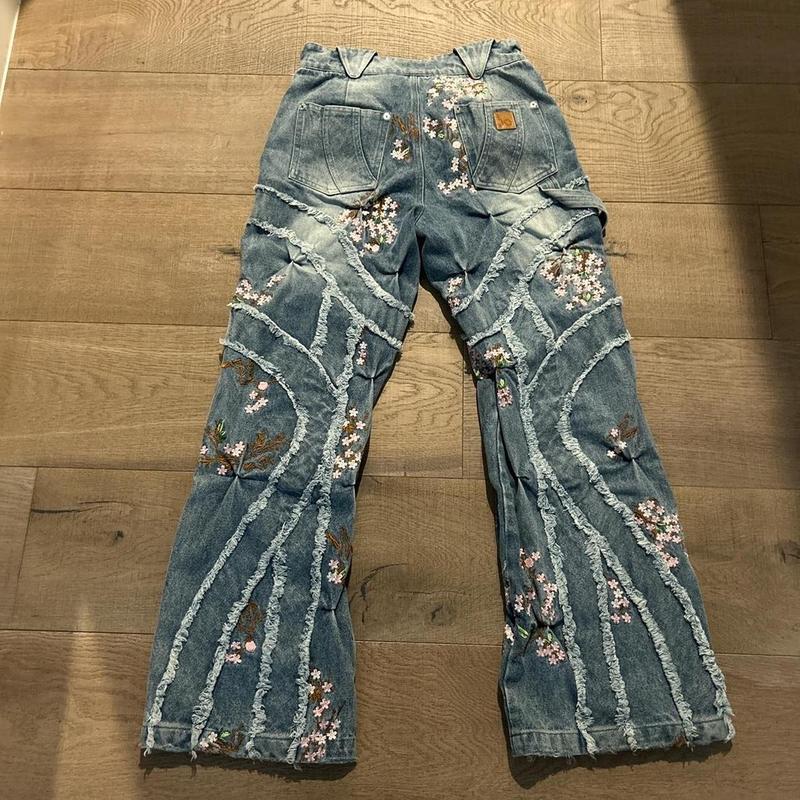 街头服装宽松牛仔裤男女原宿复古花图案刺绣高腰裤哥特拼接拖地裤|undefined