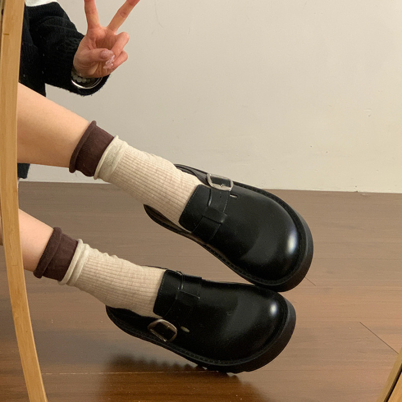 黑色圆头软底两穿小皮鞋女2025新款春季一脚蹬单鞋厚底增高勃肯鞋|undefined
