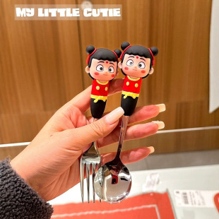 Nezha Silicone Fork Spoon Children's Tableware Fruit Fork Stainless Steel Dessert Spoon Soup Spoon Gift Cake