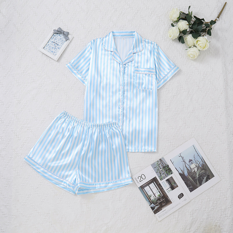 Cross-Border Foreign Trade European and American Style Shein Striped Women's Pajamas Short-Sleeve Cardigan and Shorts Summer 2-Piece Set European and American Hot Item Cross-Border Foreign Trade European and American Style Shein Striped Women's Pajamas Short-Sleeve Cardigan and Shorts Summer 2-Piece Set European and American Hot Item
