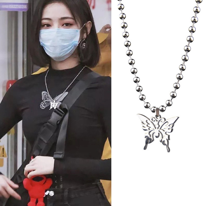 欧美跨境爆款嘻哈镂空蝴蝶吊坠女ins明星同款卫衣百搭钛钢珠项链