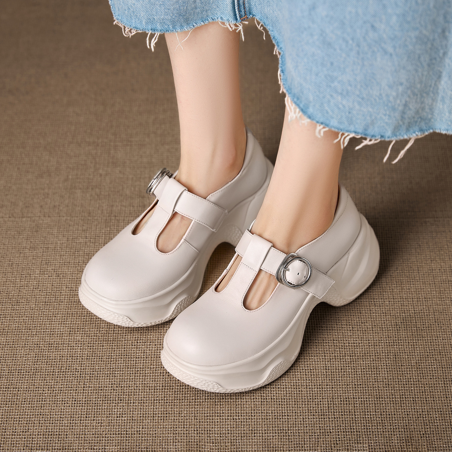 Giày Mary Jane nữ đế dày gót cao da bò mũi tròn — đen