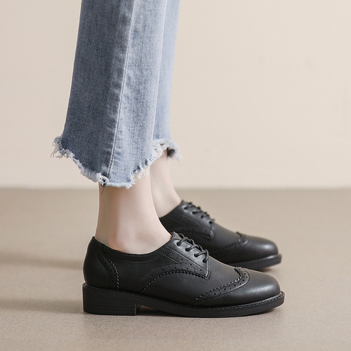 Women's 2025 Autumn New English Style Laced Flat Thin Soft Sole Black Bean Bean Compatible Loafers