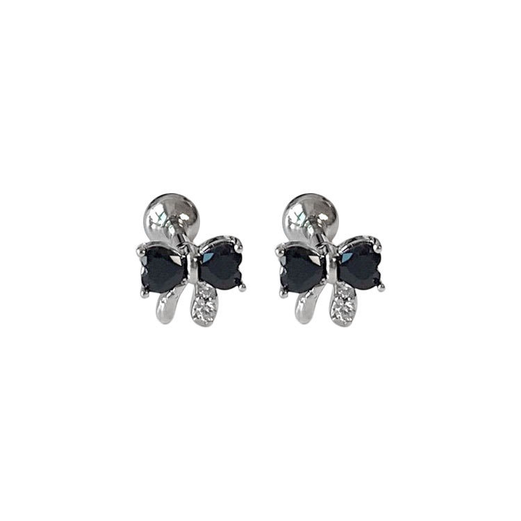 S Pure Silver Korean Earbone Black White Zircon Bow Knot Simple Twisted Screw Cochlear Nail Small and Exquisite Earrings_voghion.com