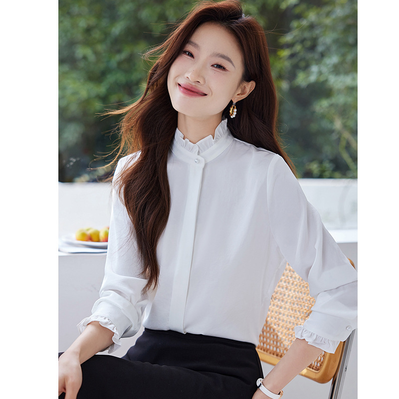 French-Style Ruffled Long-Sleeve Shirt for Women, 2026 Spring New Fashion Slim-Fit Satin Shirt, Base Layer Top French-Style Ruffled Long-Sleeve Shirt for Women, 2026 Spring New Fashion Slim-Fit Satin Shirt, Base Layer Top