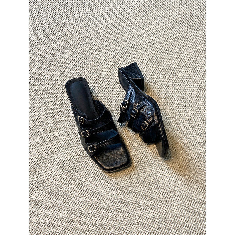 Vintage Square Toe One-strap Buckle Sandals For Women Black Heel_voghion.com
