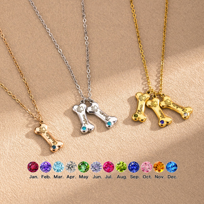 Custom Stainless Steel 3D Dog Bone Necklace One Piece Custom December Birthstone Carved Pet Memorial Necklace