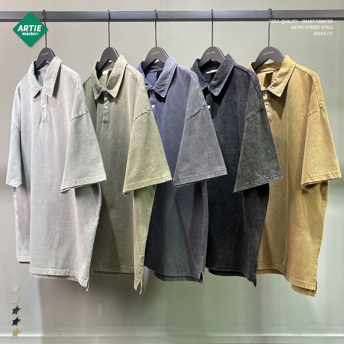 ARTIE marca de moda de los hombres apretado hilo doble puro algodón encerado lavado viejo solapa botón split manga corta Camiseta de los hombres