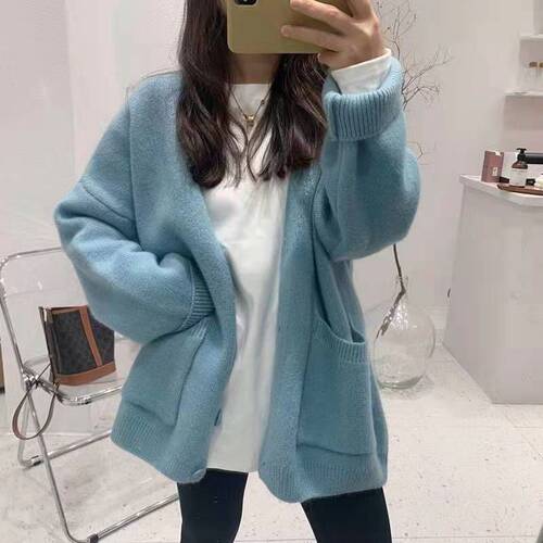 Women's Sweater Coat Outerwear Spring and Autumn Korean Style Loose Casual Lazy Style Solid Color Knitted Cardigan