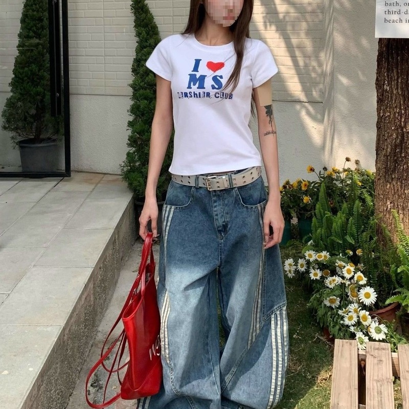 大码美式复古街头水洗解构弯刀牛仔裤新款三条杠条纹拼接阔腿长裤|undefined