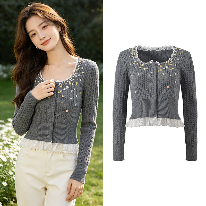2025 Autumn and Winter New Style Fake Two-Piece Lace Splicing Gray Beaded Sequin Embellished Short Knitted Sweater Cardigan 2025 Autumn and Winter New Style Fake Two-Piece Lace Splicing Gray Beaded Sequin Embellished Short Knitted Sweater Cardigan