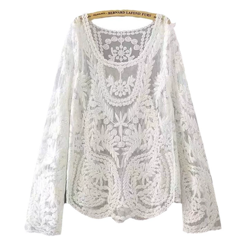 Сетчатое короткое солнцезащитное пальто, женский топ, верхняя одежда, Кардиган с длинным рукавом и вышивкой, полая Солнцезащитная рубашка