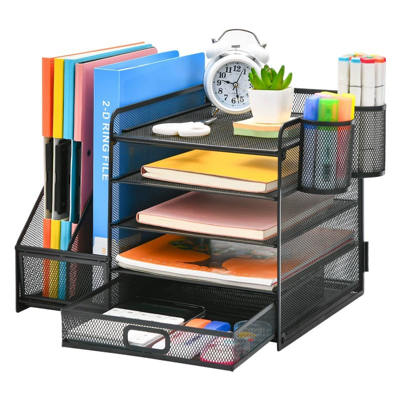 Пятислойная металлическая сетчатая стойка для хранения Стеллаж для хранения документов с двумя держателями для ручек Стойка для документов Настольная стойка для хранения