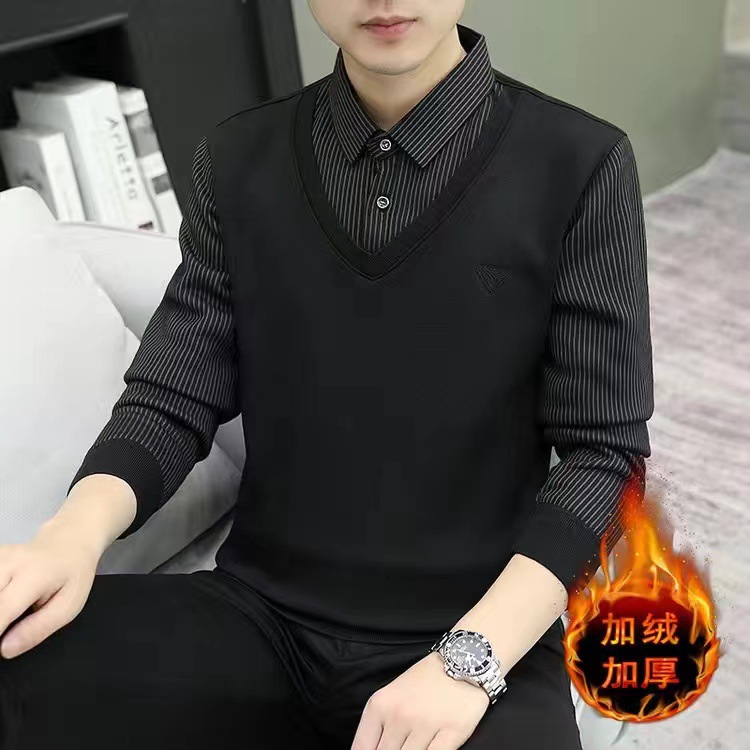 Entrega de una pieza Otoño e Invierno camisa de hombre manga larga forrada de lana gruesa cardigan falso suéter de punto juvenil de dos piezas